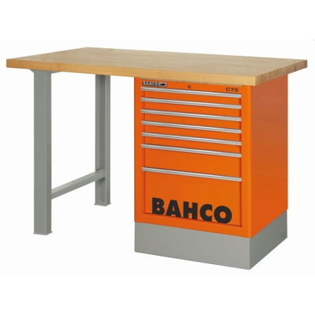 BAHCO Keményfa tetejű munkaasztal, 1500x750x1030 mm, 6 fiókos szekrénnyel, narancssárga