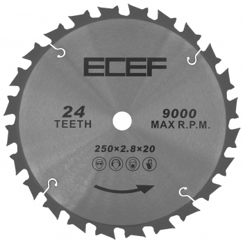 ECEF Vídiás faipari Körfűrész tárcsa 250 mm x 25,4 mm