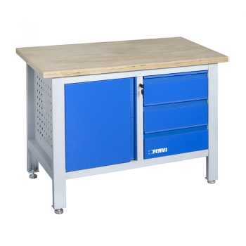 FERVI Fa tetejű munkaasztal 3 fiókkal+szekrény (max. 300 kg) 1200x600x865 mm, szürke/kék (satupad)
