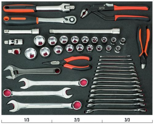 BAHCO 3/3 Szerszámösszeállítás: csuklós fejű csavarkulcs & dugókulcs, 46 részes